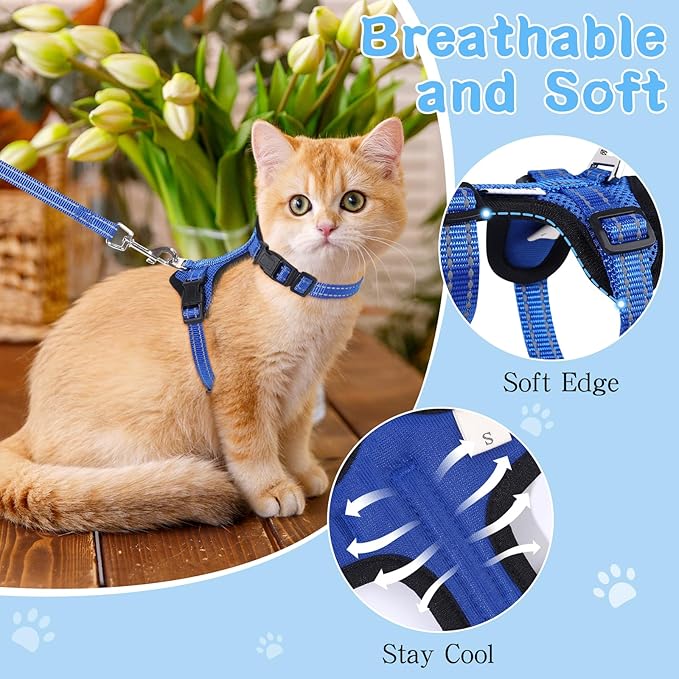 Cat Harness and Leash Set for Walking,Adjustable Escape Proof Kitten Harness and Leash with Reflective Strips,Easy to Wear Soft Breathable Harness for Cats Puppy Bunny Dogs Blue