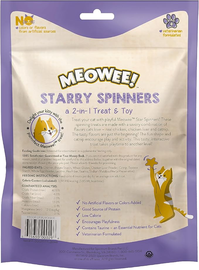 MEOWEE! Starry Spinners Cat Treat, 2.8 Ounce, 2-in-1 Treat & Toy Made with Real Chicken, Chicken Liver & Catnip, Encourages Playfulness & Low Calorie (Pack of 2)