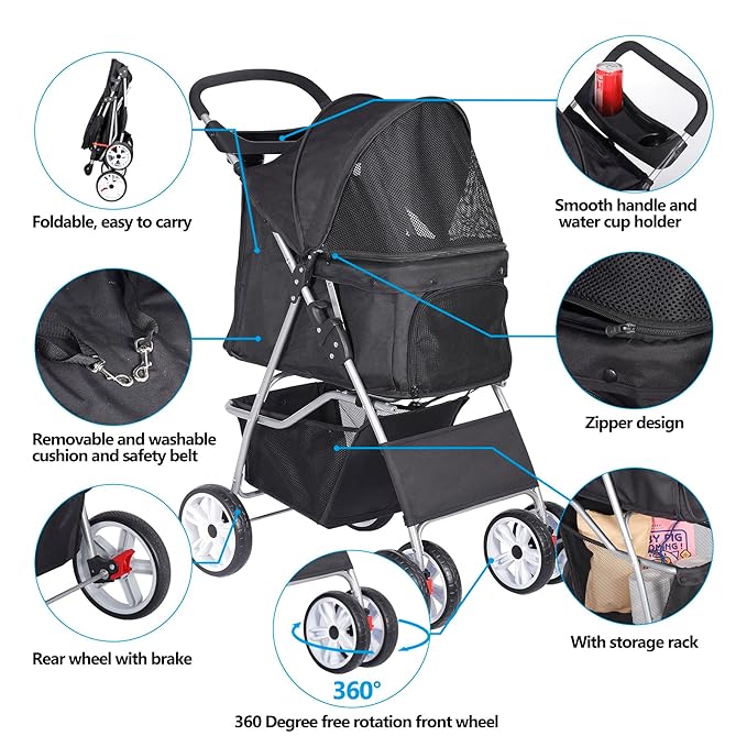 4 Wheels Foldable Pet Dog Cat Jogger Stroller Travel Carrier Strolling Cart w/Waterproof Cover Storage Basket Cup Holder & Removable Liner for Medium Small Cat Dog, Black
