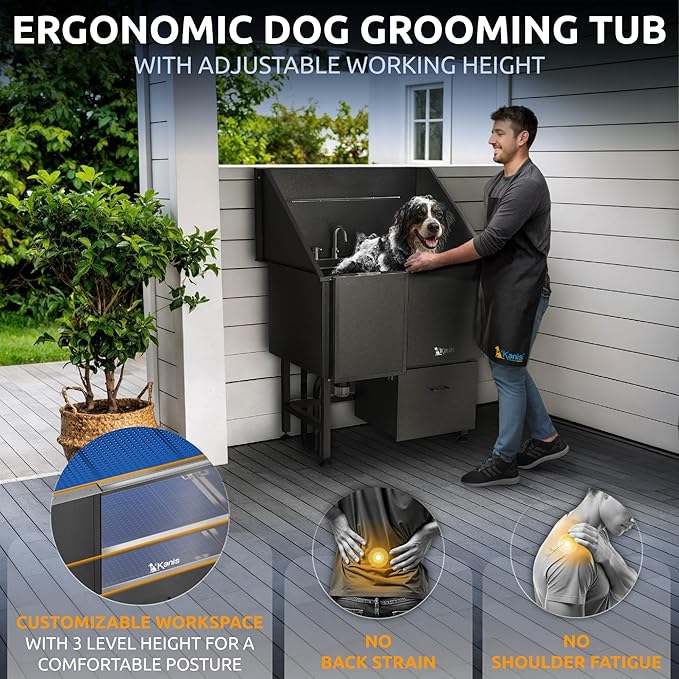 KANIS Professional Dog Washing Station 304 Stainless Steel Pet Wash Sink & Grooming Bathtub w/Shower, Floor Grates and Storage for Large, Medium & Small Pets (Black, 40 Inches, Left Ramp, 1 Drawer)