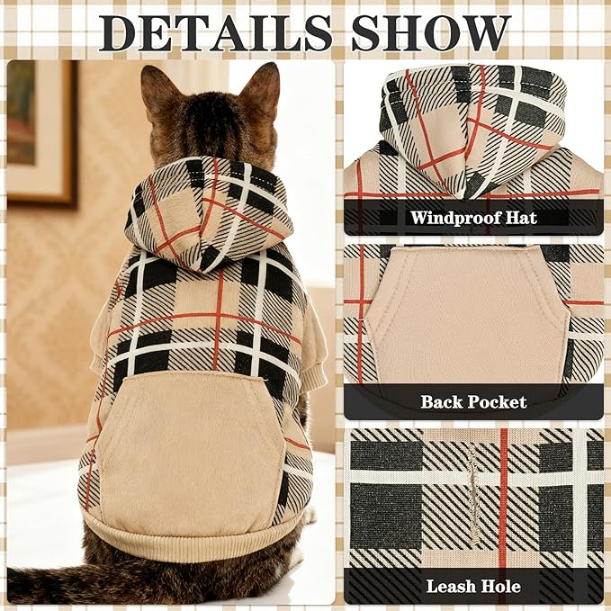 EXPAWLORER Plaid Cat Hoodie - British Style Warm Cat Sweater Shirt with Leash Hole,Pet Clothes Outfits,Winter Coat Apparel for Puppy Cats Girl Boy-Kitten Apparel,Beige L