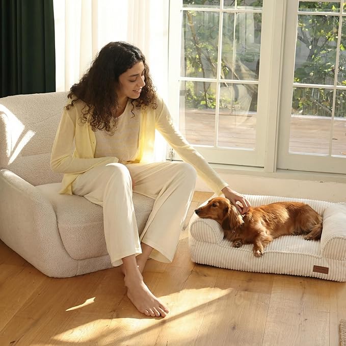FUKUMARU Cute Dog Bed, Thickened Orthopedic Dogs Couch, 36in Egg Crate Foam Pet Sofa for Medium to Large Dogs, Waterproof Warm Corduroy Pet Bed with Washable Cover, Cream
