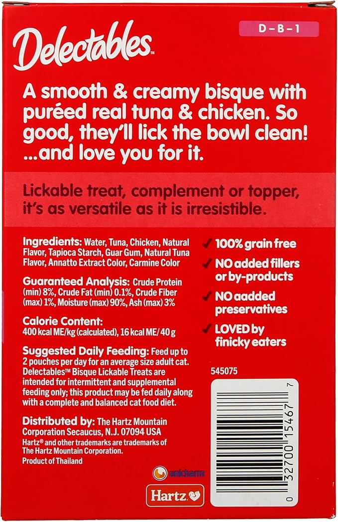 Delectables Lickable Treat Bisque Non-Seafood Wet Cat Treat with Real Tuna & Chicken, Food Topper, Hydrating, Grain-Free, No Fillers, By-Products, Added Preservatives, 1.4oz Pouch, 30ct
