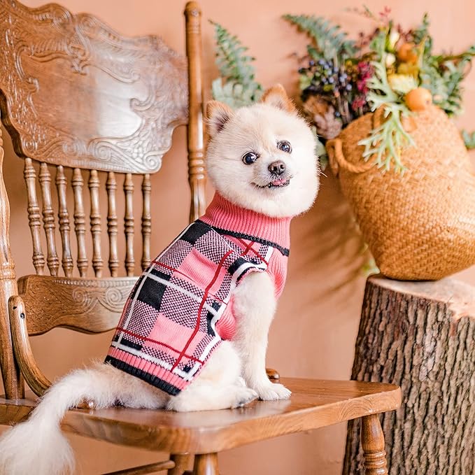KOOLTAIL Dog Sweater Pet Knitted Clothes - Classic Plaid Pull Over Turtleneck Dog Sweaters with Leash Hole Warm Dogs Winter Pet Clothing for Small Medium Dogs Cats Puppy L