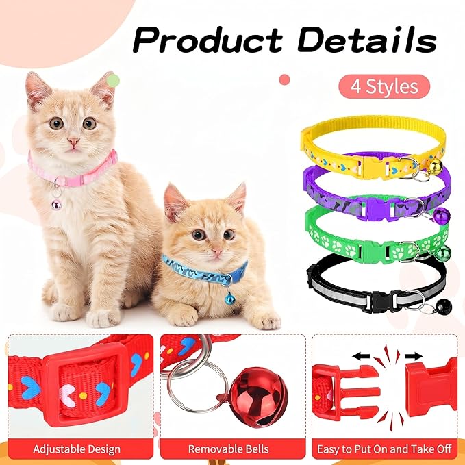 Yunsailing 24 Pcs Cat Collars with Bells for Litter Cat Puppy Soft Nylon Whelping Adjustable Reflective Kitten Collars for Newborn Pets Dogs Kitten, Assorted Colors