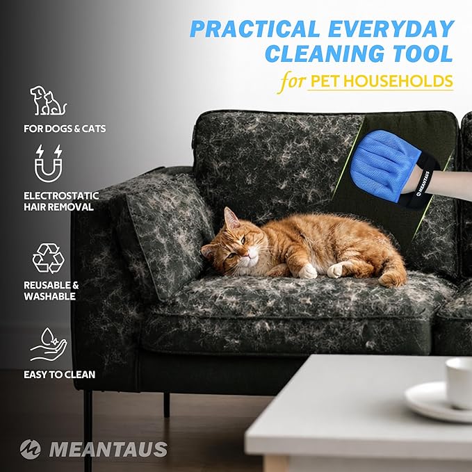 Reusable Electrostatic Pet Hair Removal Glove for Dogs & Cats, with Self-Cleaning Pad, Works on Furniture, Clothing, Bedding & Car Seats(Upgraded – with Self-Cleaning Pad)