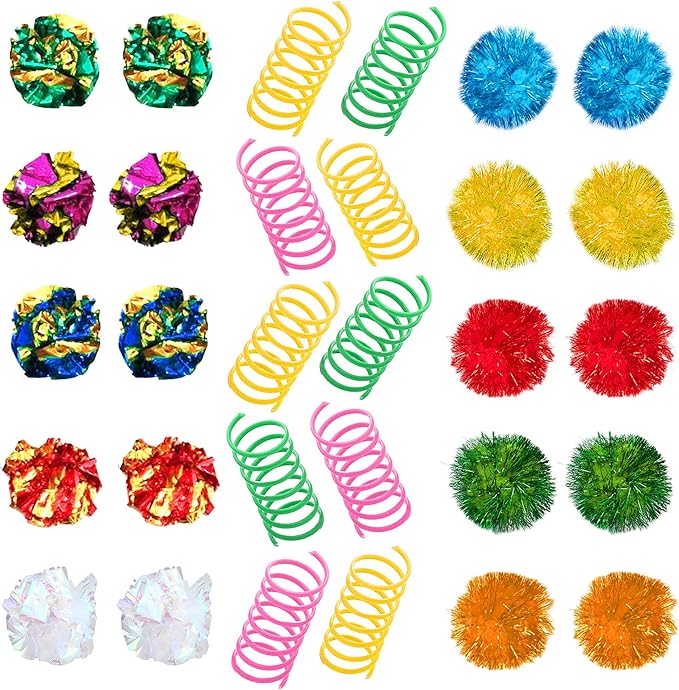 SunGrow Cat Toy Variety Pack, Feline Entertainment for Indoor Kitten, Lightweight, Colorful, Pet Interactive Chase Toys, Activity Tool, Cat’s Supplies & Accessories, 30 Pcs per Pack 