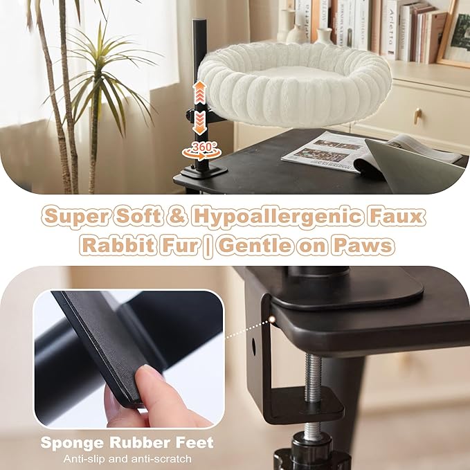 Dogpals 360° Rotating Cat Bed for Desk, Height Adjustable Cat Perch with Semi-Enclosed Design & Removable Cushion, No-Drill Clamp fits up to 1.18" Desk, Supports 9lbs for Office, Gaming Table