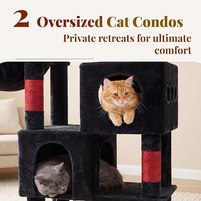 Hey-brother Cat Tree, 68.5 inch Cat Tower with L-Shaped Extended Base, Multi-Level Furniture with 2 Spacious Candos, 2 Platforms, 11 Scratching Posts, Hammock and Toy Ball,Black and Red MPJ086BR