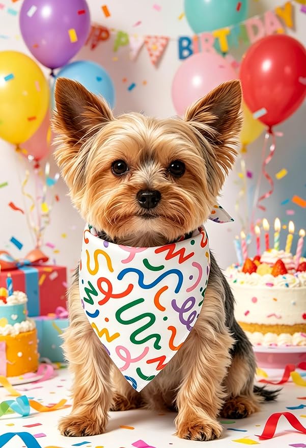 3-Piece Small Dog Happy Birthday Boy Shirt Colorful Clothes & Bandanas & Toy Gift L