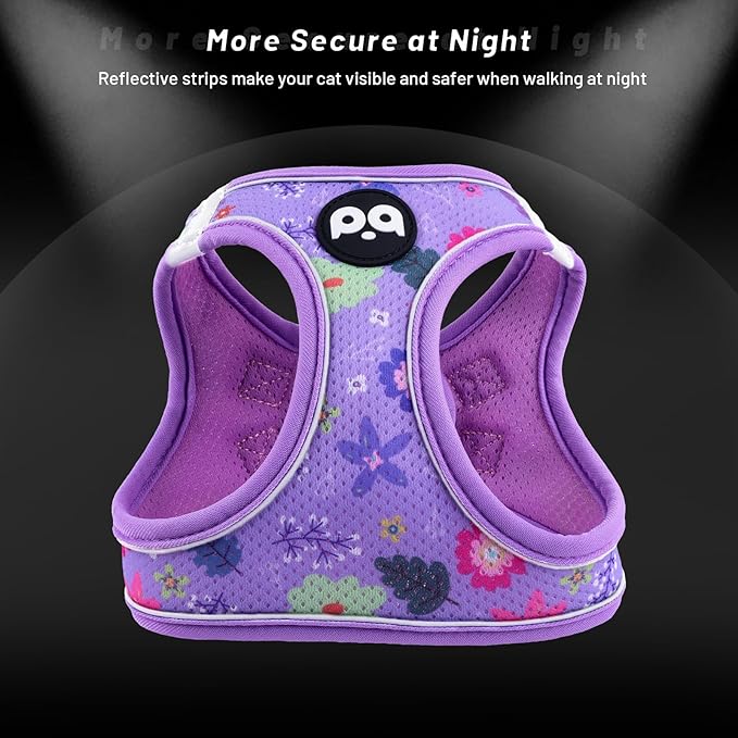 QQPETS Cat Harness and Leash Set for Walking Escape Proof, Safe Adjustable Kitten Vest with Reflective Strips, Easy Control Soft Mesh Lightweight Jacket (Floral Purple, S(Chest 15”-15.7”))