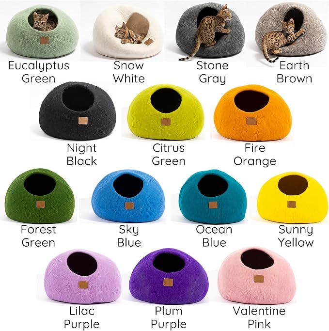 Best Aesthetic Cat Bed - Premium Felted Wool Cat Cave Bed - Cozy Peekaboo Round Cave for Large or Small Cats (Large, Sunny Yellow)