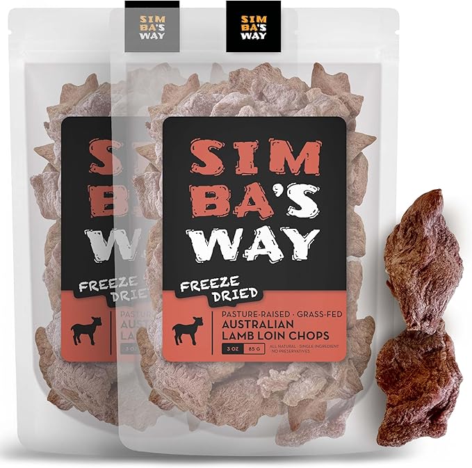 SIMBA'S WAY -Freeze Dried- RAW Australian Lamb LOIN CHOPS Dog and Cat Treats, Pasture-Raised, Grass-Fed, Human Grade, Single Ingredient, All Natural, Grain-Free, Made in The USA. [3 .oz] [2 PK]