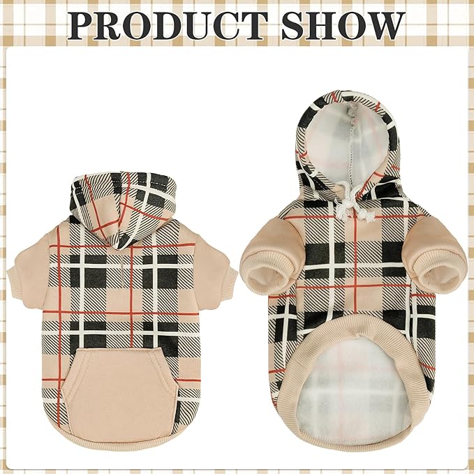EXPAWLORER Plaid Cat Hoodie - British Style Warm Cat Sweater Shirt with Leash Hole,Pet Clothes Outfits,Winter Coat Apparel for Puppy Cats Girl Boy-Kitten Apparel,Beige L
