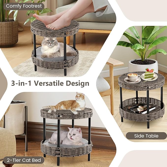 PETSITE Modern Wicker Cat Nest, 2-Tier Rattan Cat House w/Removable Padded Cushion, Round Platforms, Metal Frame, Indoor & Outdoor Raised Pet Shelter for Living Room, Bedroom, Porch