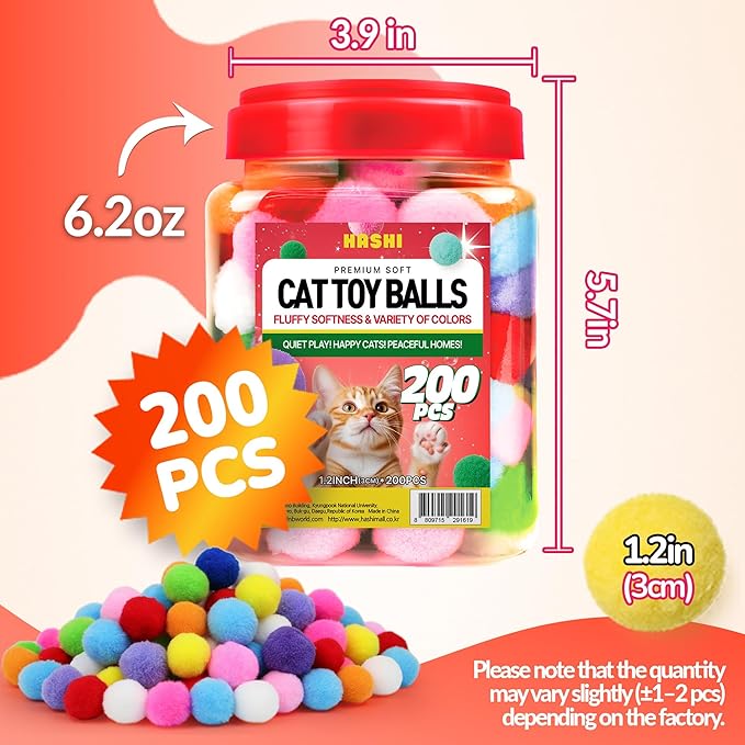HA SHI [200pcs in Sturdy Jar] 1.2 Inch Soft Plush Cat Toy Balls - Perfect Size Interactive Fetch Toys for Indoor Cats, Quiet Night Play, Assorted Colorful Fuzzy Poms for Kittens
