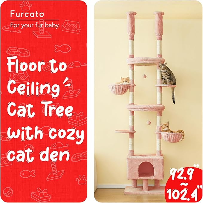 Pink Cat Tree, Floor to Ceiling Cat Tower Adjustable Height [92.9-102.4 in=235-258cm], 7 Tiers Cat Climbing Play House with Scratching Post, Cozy Condo & Hammocks for Indoor Cats