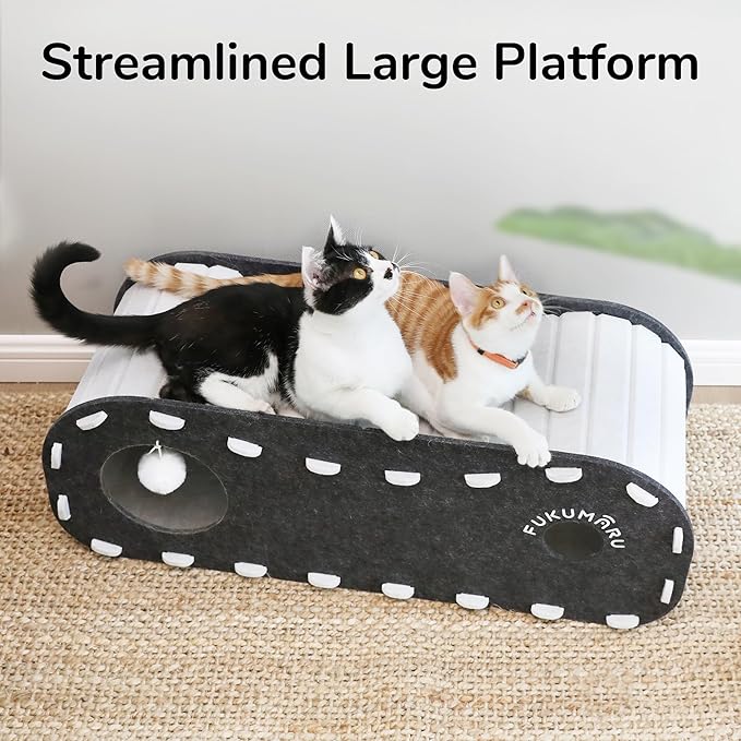 FUKUMARU Cat Beds for Indoor Pets 31.5 Inch, Extra Long Cozy Cat Bed Cave Tunnel for Multiple & Large Cats, Felt Kitten Hideaway House with Fluffy Ball, Scratch Resistant, Warm & Safe, Black