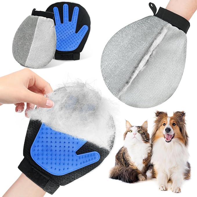Pet Hair Removal Gloves Dual-Sided Electrostatic Hair Removal and Silicone Fur Gentle Deshedding Efficient Brush for Dog and Cat Reusable Pet Fur Grooming Glove for Couch, Clothing, Carpet, Car Seat