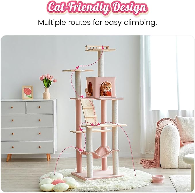 MWPO Pink Modern Cat Tree for Indoor Cats, 63.8-Inch Multi-Level Tall Cat Tower with Cat Condo, Hammock, Woden Top Perch, Scratching Posts for Kittens & Adult Cats