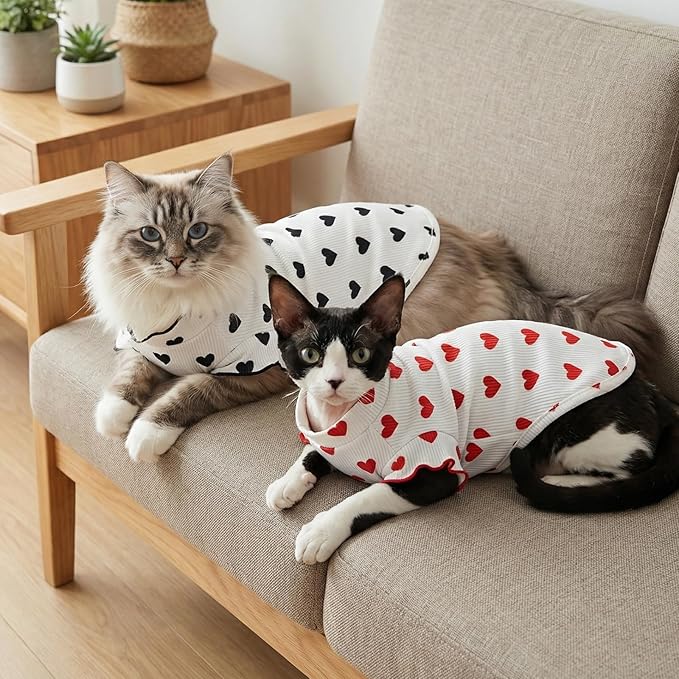 DENTRUN Heart Pattern Sphynx Hairless Cats Shirt, Kitten T-Shirts with Perlin Sleeves, Breathable Cat Wear Cute Sweater Adorable Hairless Cat's Clothes Vest Pajamas Jumpsuit