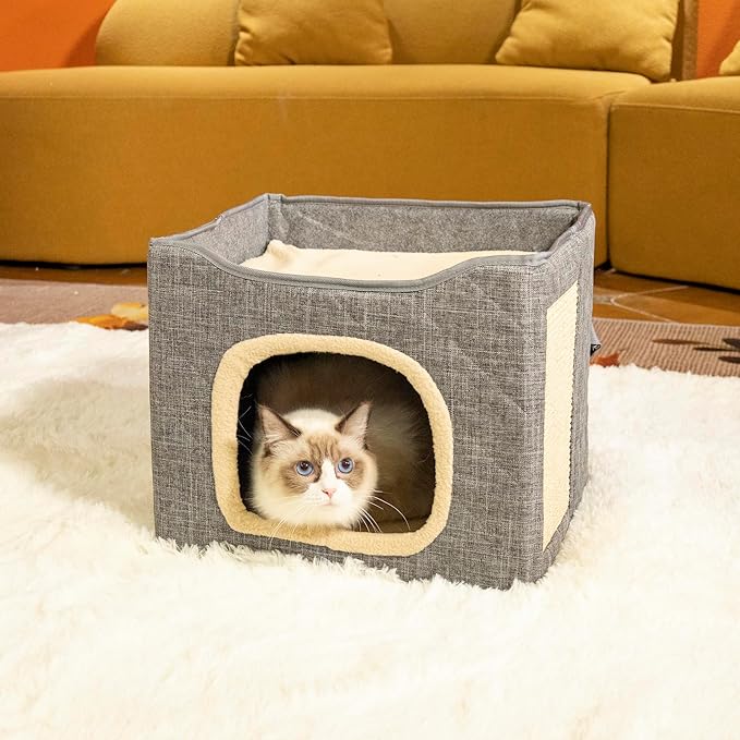 Cat Houses for Indoor Cat, Large 2-Sided Reversible Cushion Cat Condo with Safety Strap, Foldable Cat Hideway with Sisal Scratch Pad, All Seasons Pet Bed for Multi Cats,Light Grey