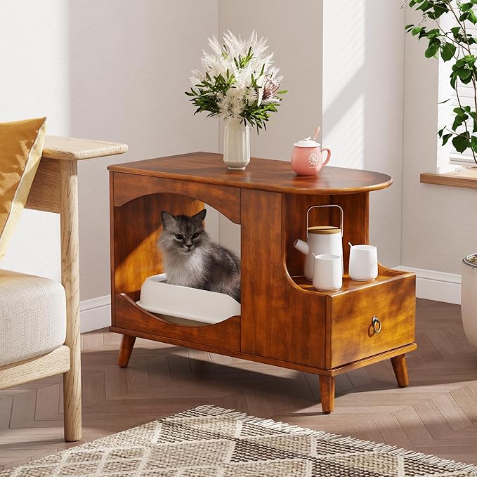 Pet Litter Box Enclosure with Drawer and Storage Shelf, Hidden Litter Box Furniture with Storage Shelf with Cat House Underneath, Indoor Cat House with1 Drawer, Fit Most of Litter Box