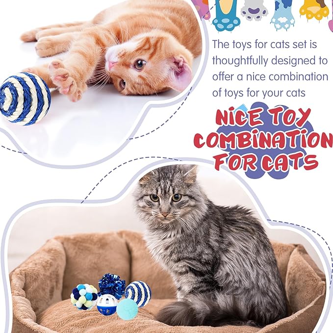 Gemscream 46 Pcs Cat Toys Set Interactive Cute Cat Toys Include Fur Mice Rattle Springs Crinkle Balls Pompom Bell Sisal Ball Puzzle Chase Toys for Kitten Indoor Stuff Gift(Blue)