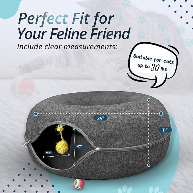 MeowMates Peekaboo Cat Cave Donut Bed for Multiple Cats Upto 45lbs, 3-in-1 Large Cat Tunnel & Donut Bed Combo w Round Tunnel Scratcher for Indoor Cats, Hanging Toy, Washable & Detachable - Dark Grey