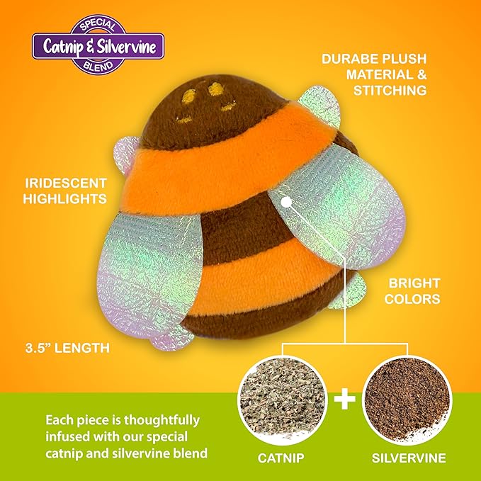 Pounce & Purr® Plush Cat Toys, Catnip & Silvervine Infused, Shiny Iridescent Accents, Interactive Play Toys for Cats & Kittens (Bee)