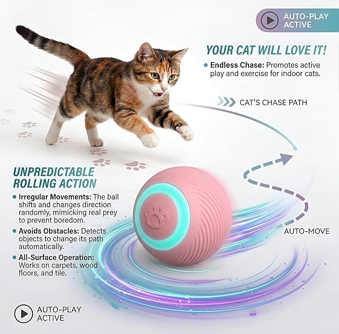 Interactive Cat Toy Ball, 3 Play Modes, Automatic Rolling with RGB Lights, E-TPU, Smart Moving Bouncing for Cats (Pink)