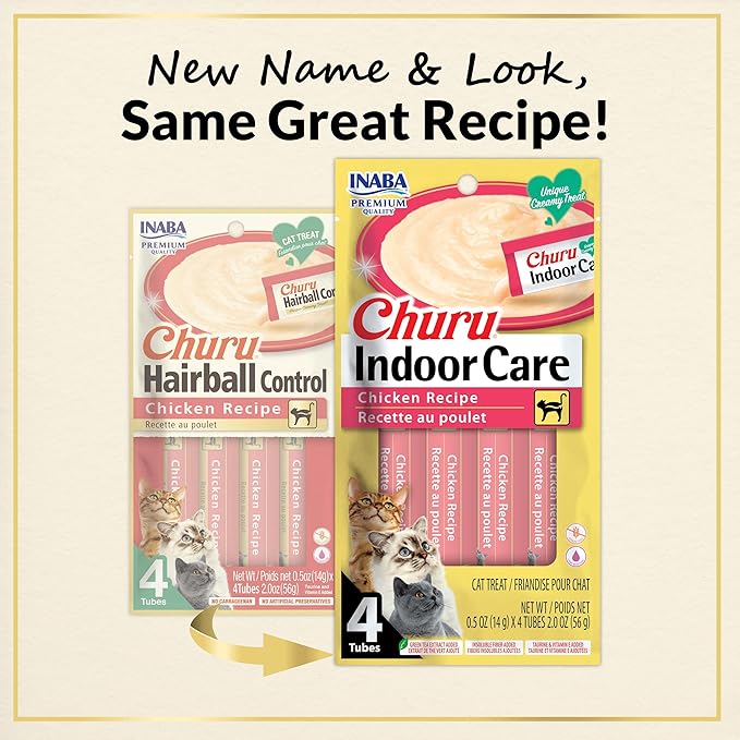 INABA Churu for Cats, Functional, Creamy Lickable Purée Cat Treat for Indoor Care and Hairball Control with Taurine & Vitamin E, 0.5 Ounces Each, 12 Tubes (4 per Pack), Chicken Recipe