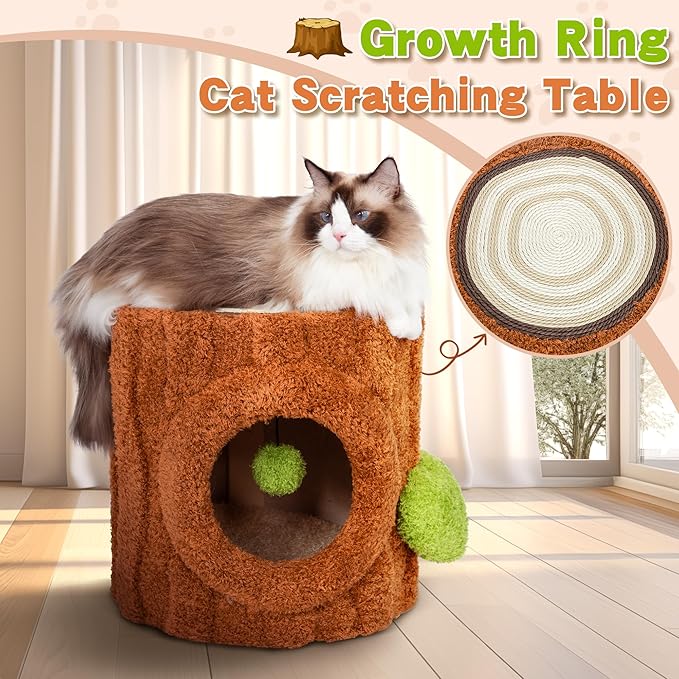 KAMABOKO Cat House for Indoors Cats, Luxury Cat House Bed with Scratch Table ＆ Soft Cushion, Cat Condo with Hanging Ball Toy for Small Medium Pets, Brown