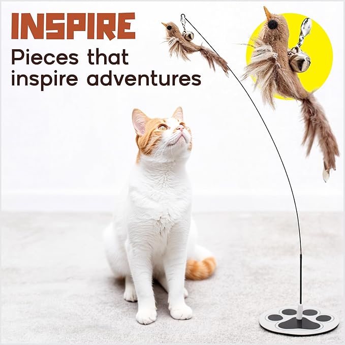 Interactive Cat Toys for Bored Indoor Adult Felines - Any Surface Base Teaser Wand - Feather Stimulation Activity - Bird Simulation Self Play Kitten Enrichment Solo Exercise - Juguetes para Gatos