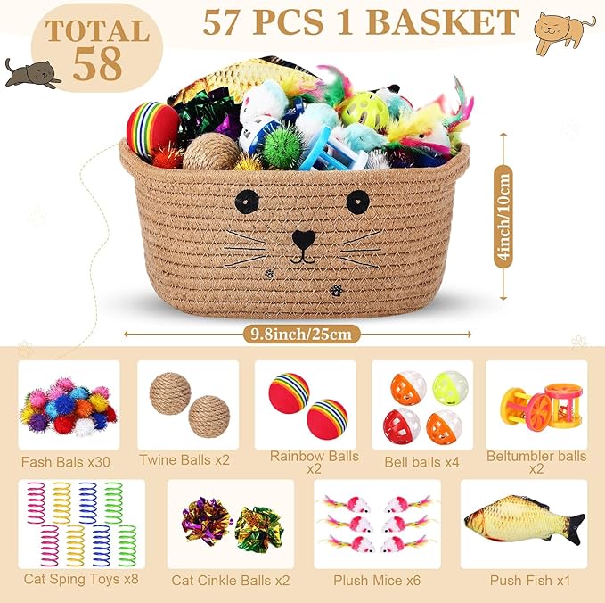 Zopeal 58 Pcs Summer Graduation Cat Storage Basket Gift Toys Set, Colorful Flashing Balls Pet Bell Crinkle Balls Spring Toys Attract Cat to Swat, Hunt, Interactive for Pet(Khaki,9.8 Inch)