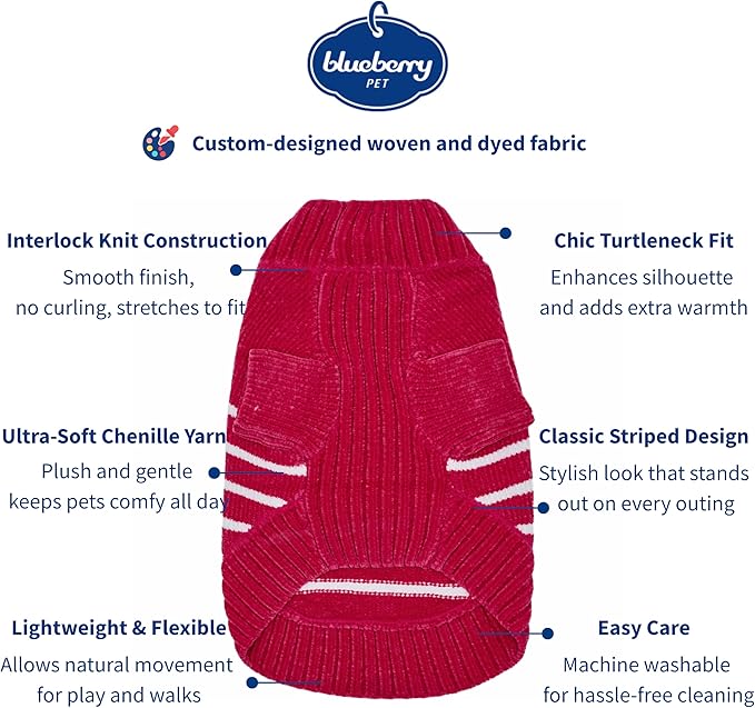 Blueberry Pet Cozy Soft Chenille Classy Striped Dog Sweater in Hot Pink, Back Length 18", Pack of 1 Clothes for Dogs