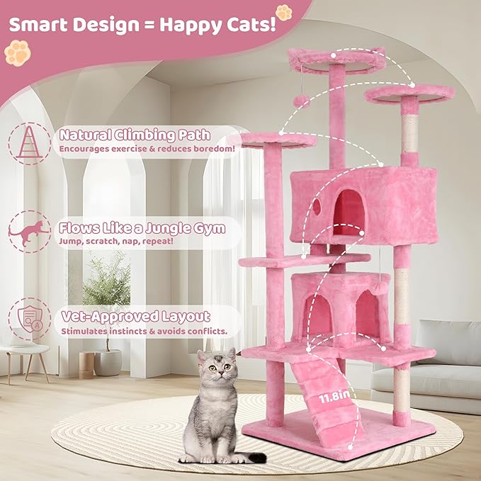 Cat Tree Tower 54" Tall - Indoor Cat Tree with Sisal-Covered Scratching Posts, Cozy Condo, Hammock, Dangling Toy & Expanded Perch Platform - Cat House Furniture for Large Cats - Pink