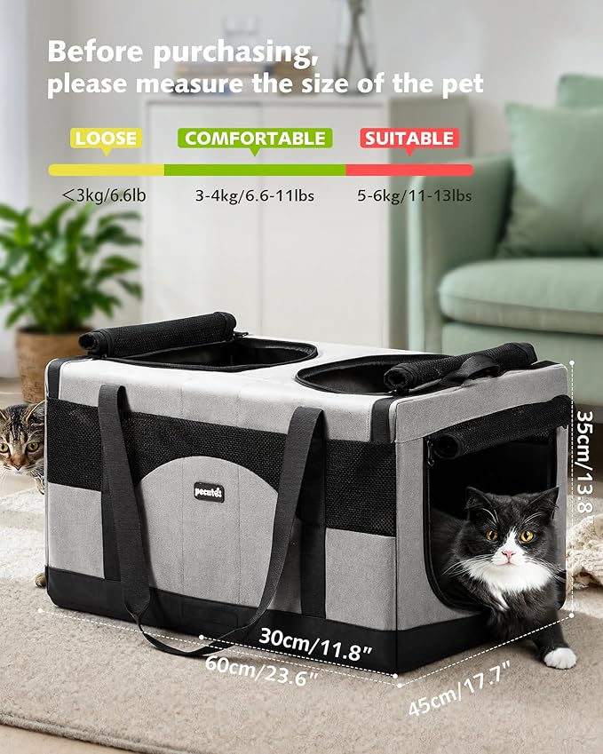 Pecute Dual Compartment Pet Carrier for Multi-Cat Families & Small Dog Owners, Collapsible Dog Crate with Reinforced Steel Frame, Car Safety Design for Travel, Vet Visits & Home Use, Gray
