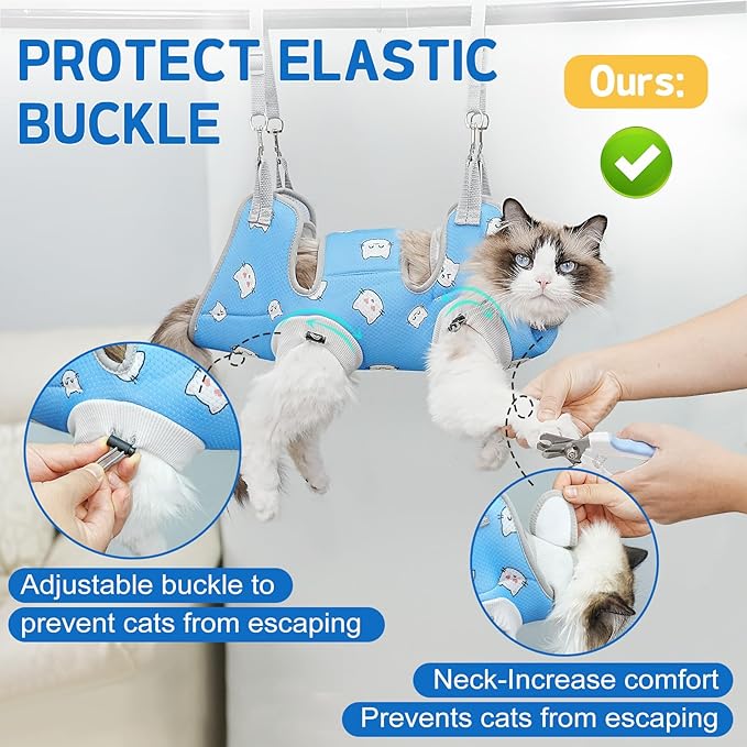 Supet Cat Grooming Hammock Harness for Nail Trimming, Cat Grooming Hanging Sling for Nail Clipping, Pet Restraint Holder for Cutting Nails, Medicine, Ear & Teeth Cleaning, Eye Care (BlueCat L)