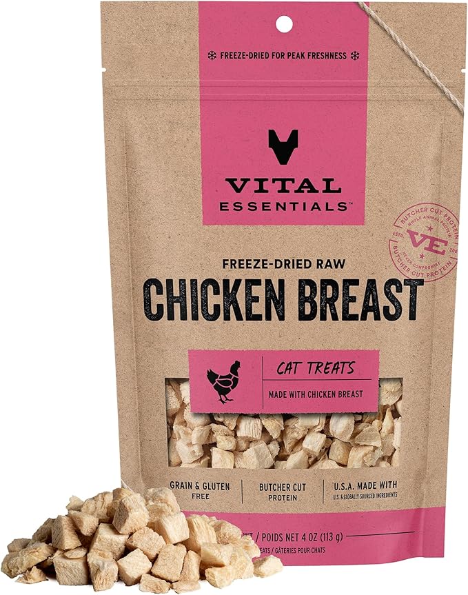 Vital Essentials Freeze Dried Cat Treats | Chicken Breast, Single Ingredient | Premium Quality | Grain Free, Healthy Treats for Cats, 4 oz Bag
