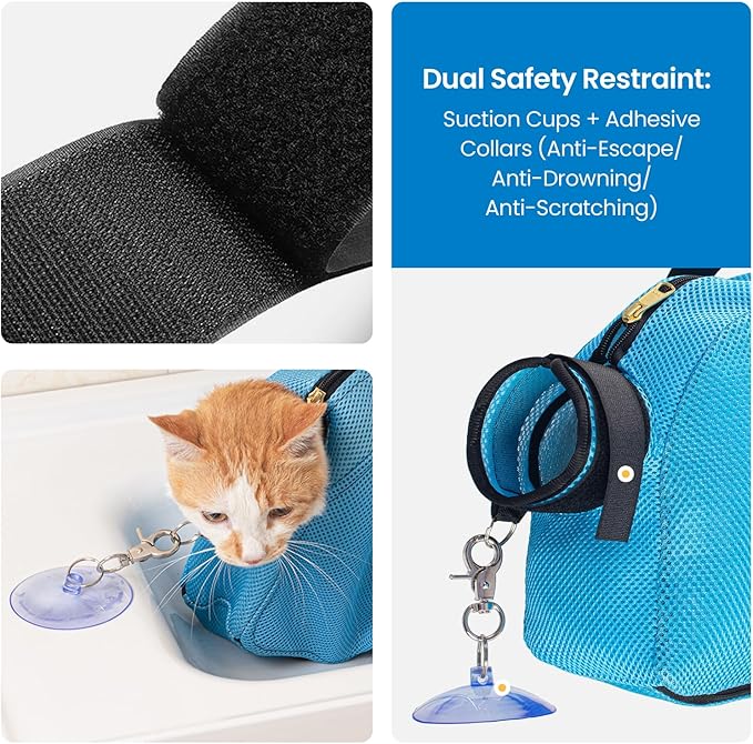 Medium 6-12 lbs Blue Cat Bathing Bag - Double Fix with Suction Cups & Adhesive Fasteners, Anti-Escape & Scratch-Resistant, Breathable & Easy to Clean, for Bathing, Nail Trimming & Travel