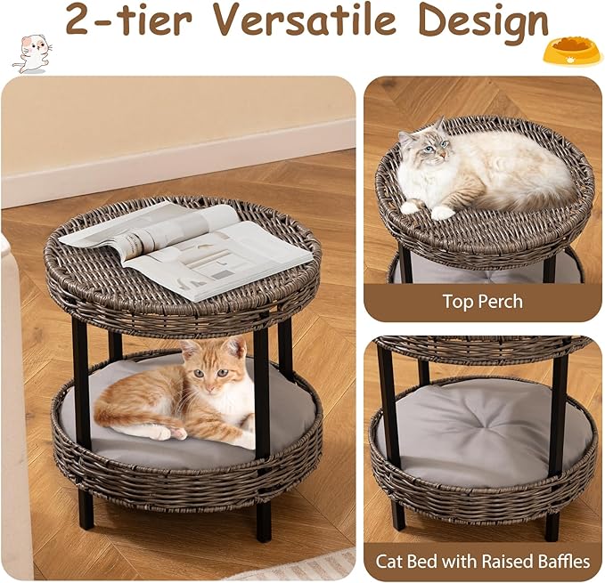 Tangkula 2-Tier Rattan Cat Nest, Wicker Kitten Condo with Removable Padded Cushion, Raised Cat Bed for Small Animals, Indoor & Outdoor Elevated Pet Shelter for Home, Deck, Balcony