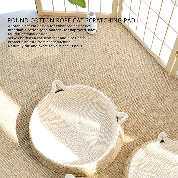 Asixxsix Cat Scratcher, Circular Cat Scratcher Bed with Breathable Mat and Small Ears Design, for Indoor Cats to Scratch Play and Lounge, Furniture Protector for Sofa Chair (L)