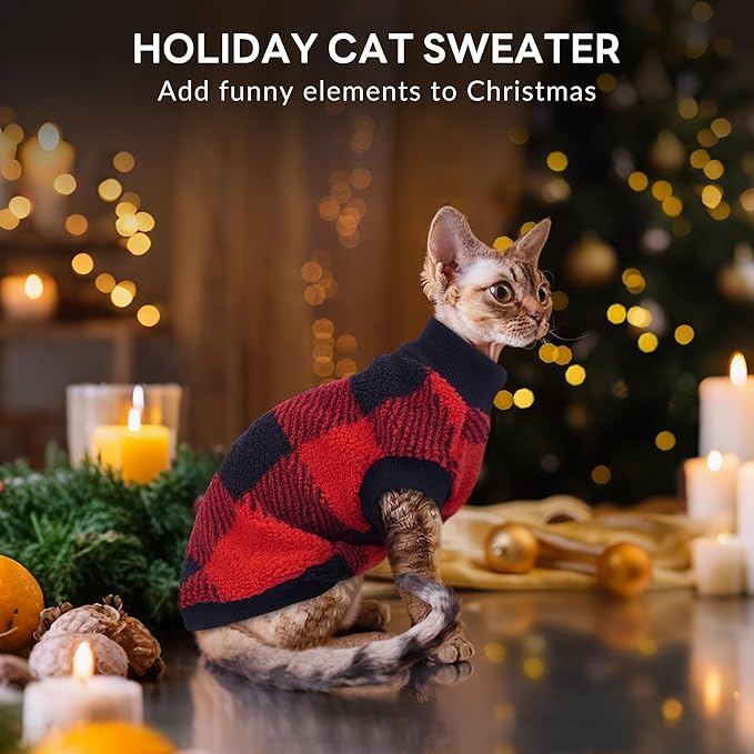 PUMYPOREITY Christmas Sweater for Cats, Cozy Fleece Cat Shirt - Stretchy & Warm, Super Soft Kitten Sweater, Machine Washable Pet Clothing for Comfort & Style, Red, XS