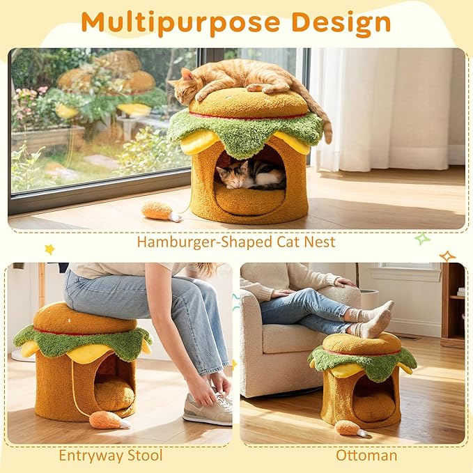 PETSITE 3-in-1 Burger-Inspired Cute Cat House, Multifunctional Cat Ottoman with Interactive Cute Chicken Drumstick-Shaped Toy and Removable Soft Cushion, Cat Hideaway Footstool for Indoor Cats