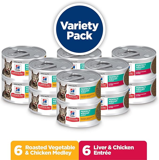 Hill's Science Diet Adult Perfect Weight Wet Cat Food Variety Pack, Vegetable & Chicken and Liver & Chicken, 2.9 oz. Cans, 12-Pack