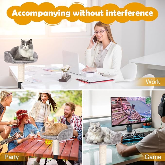 Cat Desk Bed with Scratching Pillar Plush Soft Padding Allow Your Lovely Cat Study and Work with You Up to 9 lb Load