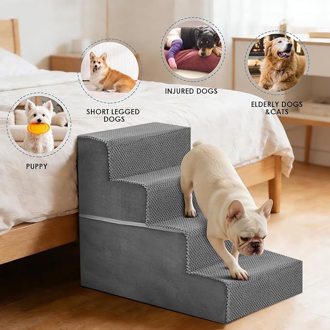 DUMOS Dog Stairs for Small and Medium Dogs, 4-Step Pet Steps with High-Density Foam, Indoor Non-Slip Pet Ramp for Puppy and Older Dogs Cats, Dog Bed Stairs for Couch and Sofa(Grey)