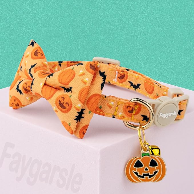 Faygarsle 2 Pack Halloween Cat Collar with Bow Tie and Bell, Breakaway Safety Buckle, Purple Skull Bat and Orange Pumpkin Pattern