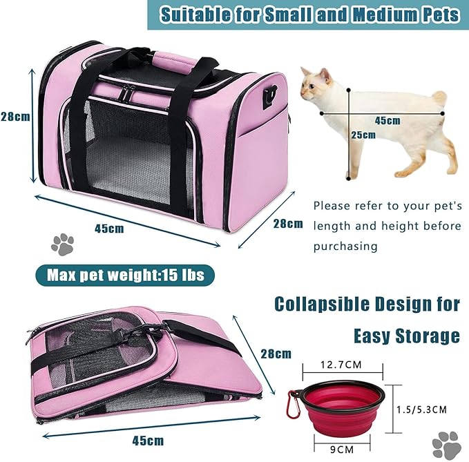 17×11×11 Inches Cat, Dog Carrier for Small Medium Puppies up to 15 Lbs,Soft-Sided Travel & Airline Approved Pet Carrier,Breathable & Foldable Design for Daily Use & Pet Care with Foldable Bowl